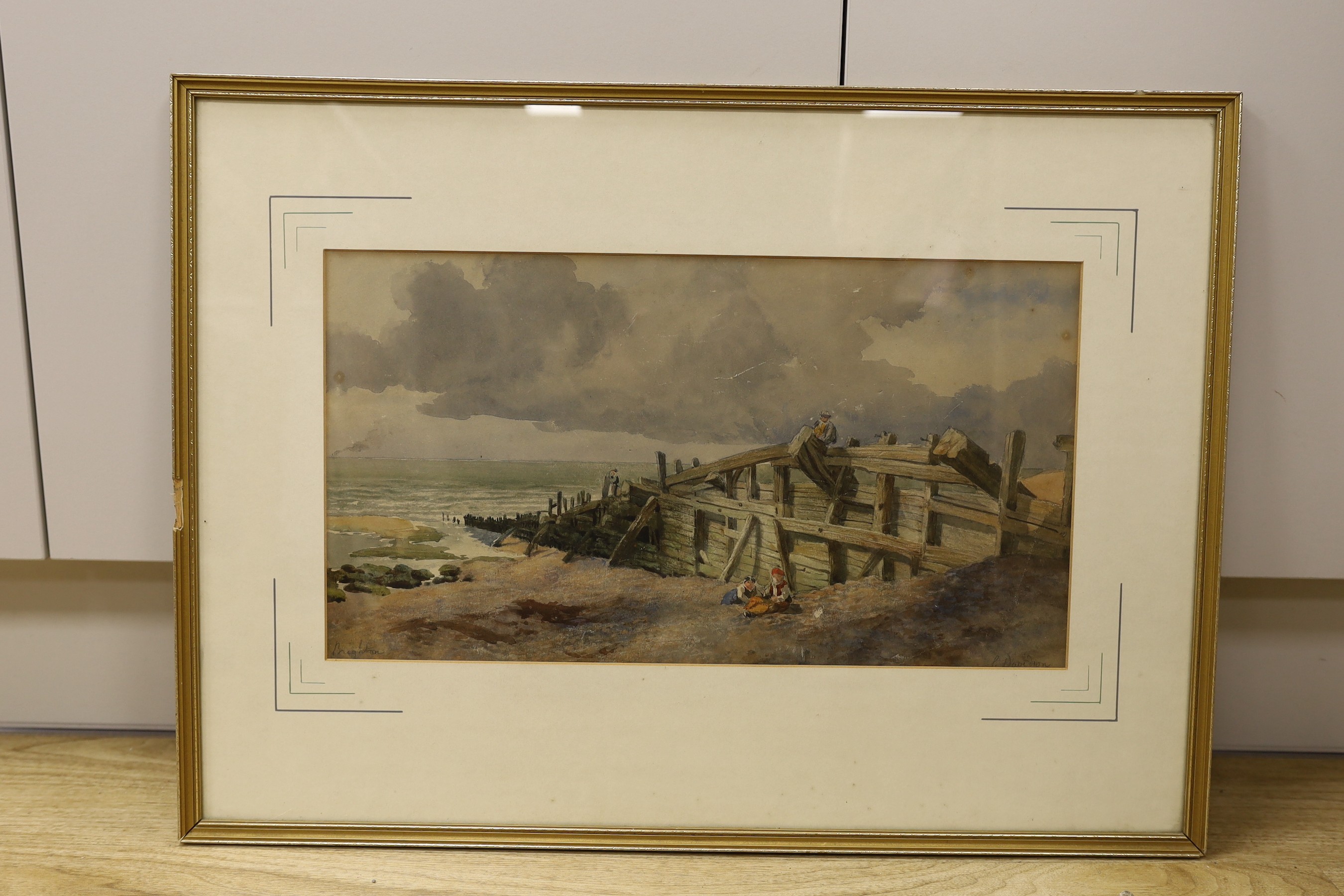 P. Davidson (19th C.), watercolour, Coastal scene with figures beside a groyne, Brighton, signed in pencil, 24 x 45cm